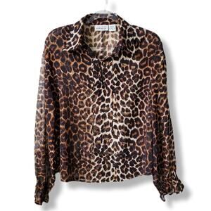 Women 90s Y2K VTG Sheer Cheetah Print Blouse Top L Classic Modern Career Neutral